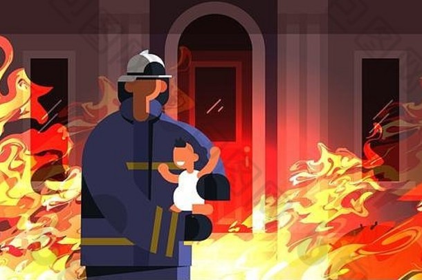 勇敢的消防员拯救身穿制服和头盔的儿童消防员消防应急服务扑灭燃烧房屋中的火灾