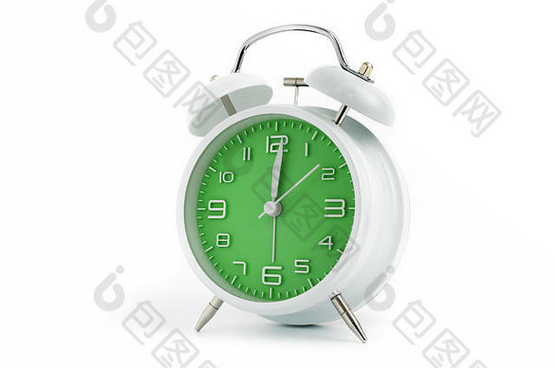 绿色钟面的双钟模拟闹钟显示12点1分，中午12点01分；白色背景上的概念