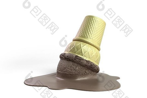 在华夫格杯中融化的巧克力冰淇淋，白色3d渲染