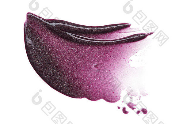 白色背景中紫色口红或丙烯酸漆的涂抹和纹理。