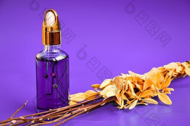反老化血清玻璃瓶下降紫色的背景干花面部液体血清胶原蛋白肽角质层石油