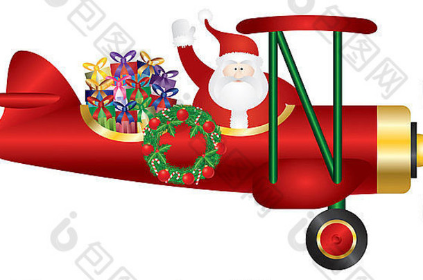 圣诞老人老人挥舞着双翼飞机交付包装礼物孤立的白色背景插图