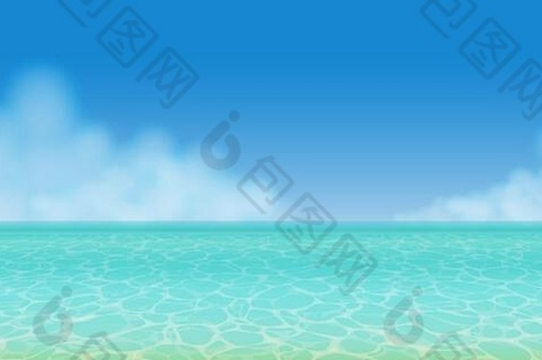 现实的清晰的绿松石夏天海水全景视图蓝色的天空云