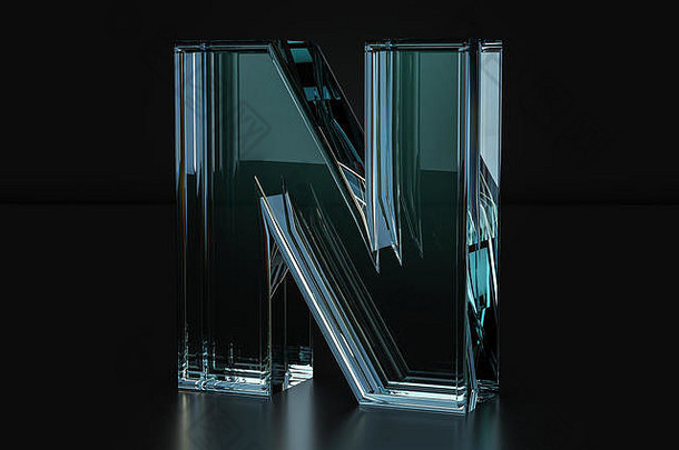 黑色背景上的玻璃字母N。三维插图。