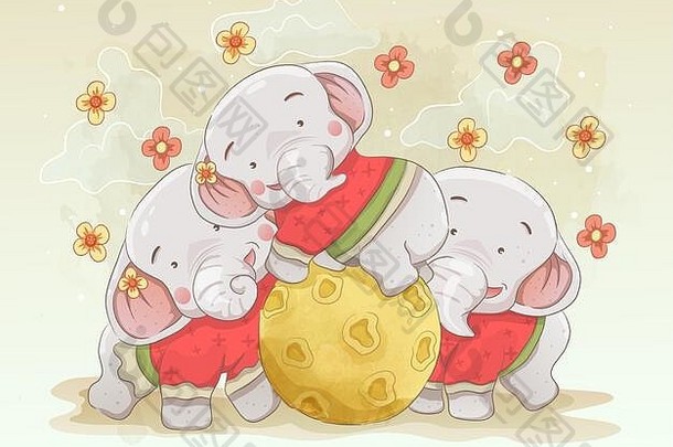 大象父母玩孩子们婴儿大象玩月亮