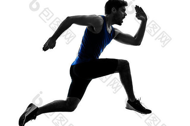 一名白种人短跑运动员短跑运动员在白色背景上孤立的田径男子剪影