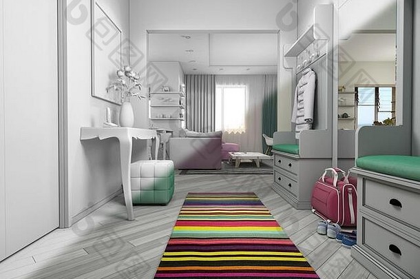 彩色小公寓的3d插图。Interor设计现代风格的客厅和大厅