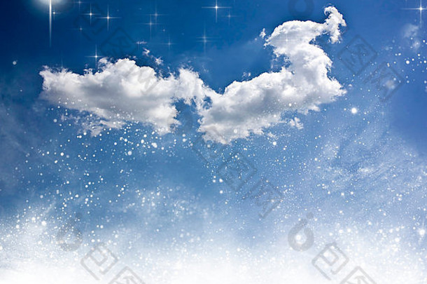 抽象的冬季天空，有蓬松的云、星星和雪花