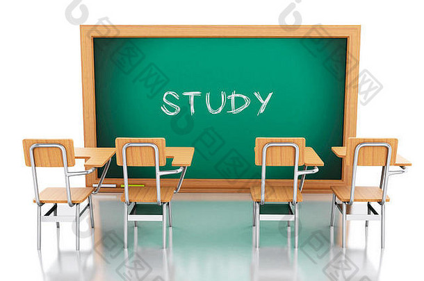 渲染器图像教室椅子黑板教育概念孤立的白色背景