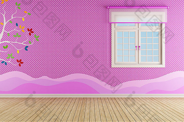 粉红色的房间女孩窗口装饰墙呈现