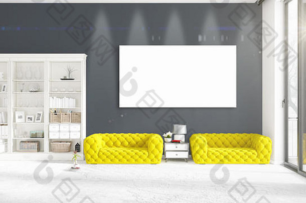 黄色沙发、垂直空框和水平布局的文案空间，时尚的现代室内设计。三维渲染。