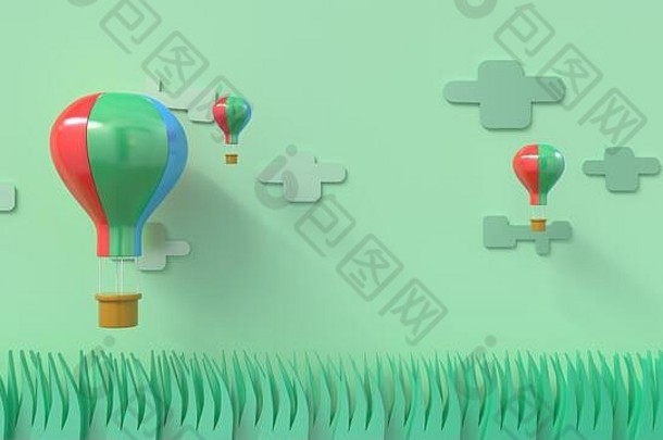 3d渲染，3d illustrator，漂浮在草地上空的气球，3d渲染剪纸，图形3d illustrator