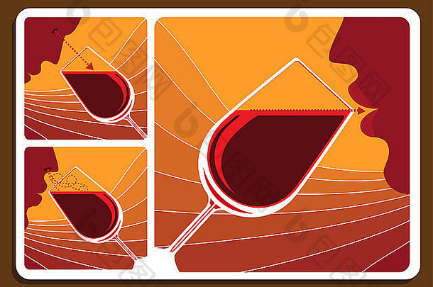 三幅插图显示了一名男子嗅着花束，目测酒杯中的葡萄酒是否清澈