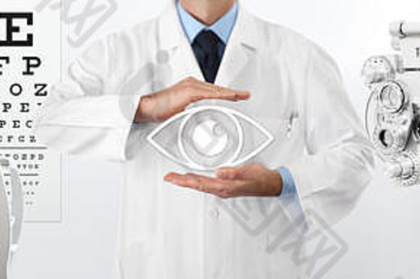 眼睛检查的概念，眼镜商保护眼睛图标的手，预防和控制，诊断的后台工具，网络横幅