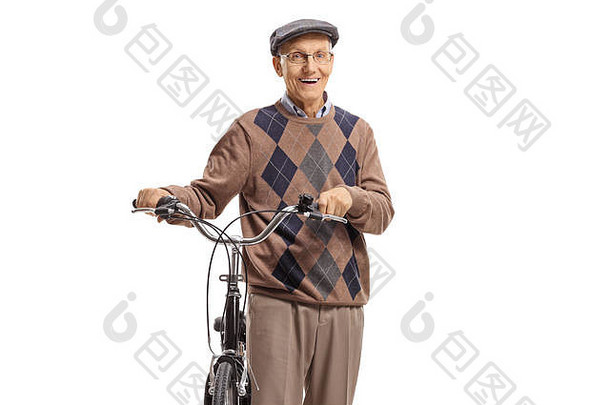 一个骑自行车的老人被隔离在白色背景上