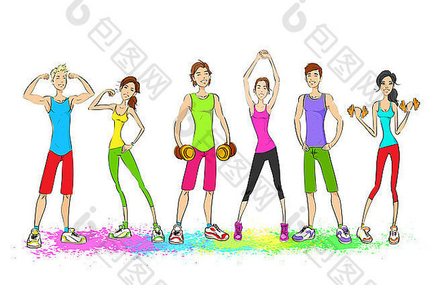 集团年轻的体育运动人色彩斑斓的衣服男人。女人健身教练健美运动员运动肌肉孤立的白色背景