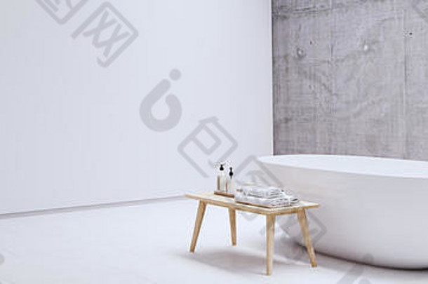 全新现代禅宗浴室，白色墙壁。三维渲染