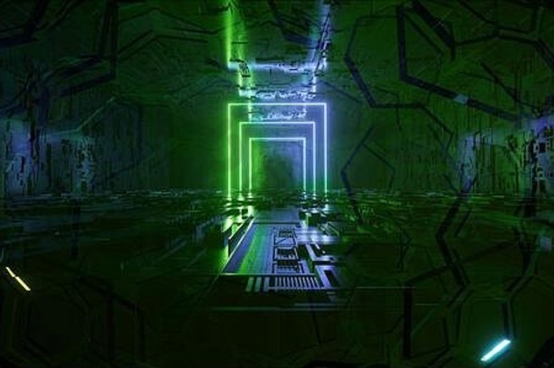 sci未来主义的金属反光示意图变形主板地板上现实的现代霓虹灯发光的激光矩形弧梁蓝色的绿色电