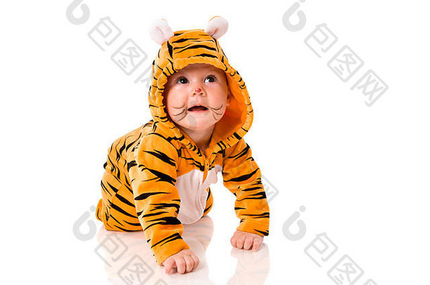 六个月大的婴儿穿着老虎服孤立地坐在白色地板上