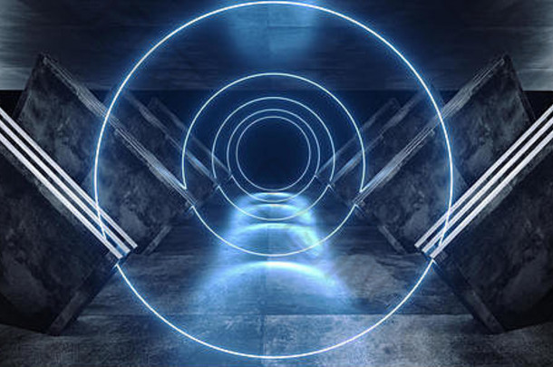 走廊圆形入口未来主义激光霓虹灯发光蓝色科幻黑暗空飞船外星人走廊隧道反射混凝土垃圾充满活力的虚拟