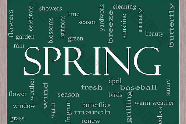 黑板上的春季单词“云”概念，包括季节、鲜花、阵雨、棒球、四月等等。