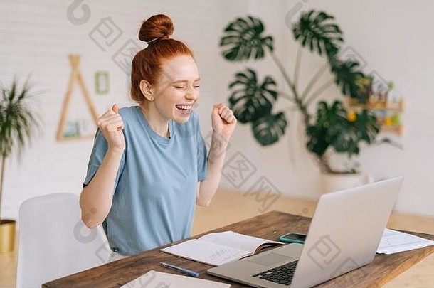 快乐红色头发的人年轻的女商人工作移动PC好消息远程工作的地方