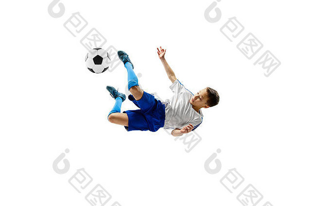 年轻的男孩足球球运行跳孤立的白色足球足球球员运动工作室背景