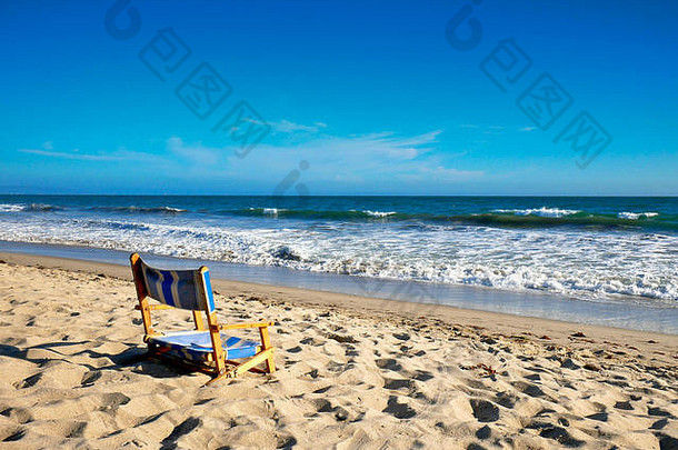 可折叠的蓝色的椅子海滩圣诞老人莫妮卡加州太平洋海身体夏天时间复制空间