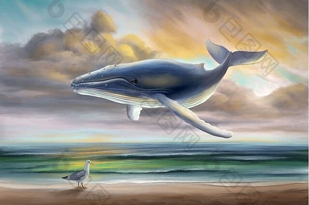 日落时漂浮在海面上的鲸鱼。数字绘画。