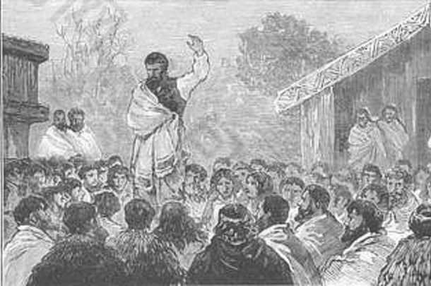 特惠蒂政治；1881年，先知特惠蒂在当地人会议上讲话。图形
