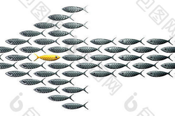 的角度来看视图学校程式化的银色的鱼游泳形状箭头对比金游泳