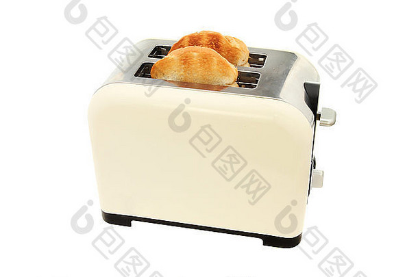 电动烤面包机，两片烤面包片与白色隔离