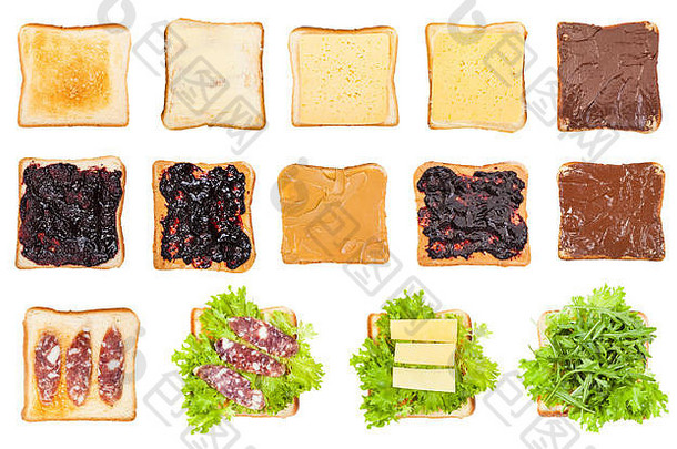 在白色背景上隔离的烤面包上的各种开放式三明治