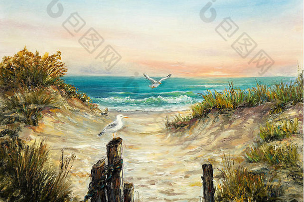 帆布上有海鸥的海洋沙滩沙丘的原始油画。现代印象派、现代主义、马林主义