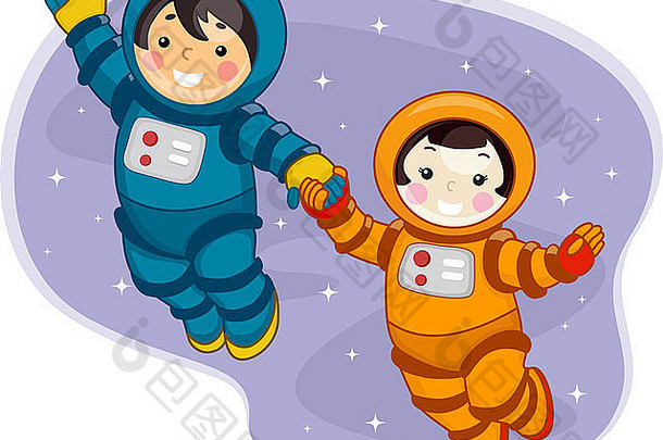 孩子们穿着太空服漂浮在外太空的插图