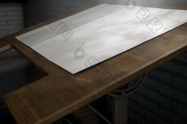 一张由经典台灯照亮的空白纸，在复古草稿人的书桌上进行3D渲染