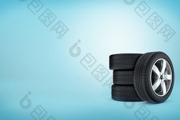 三个汽车轮胎相互堆叠，第四个轮胎倾斜在蓝色背景上的3d渲染。