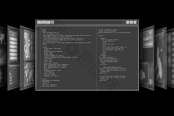 全息图屏幕显示超文本标记语言代码黑色的背景覆盖