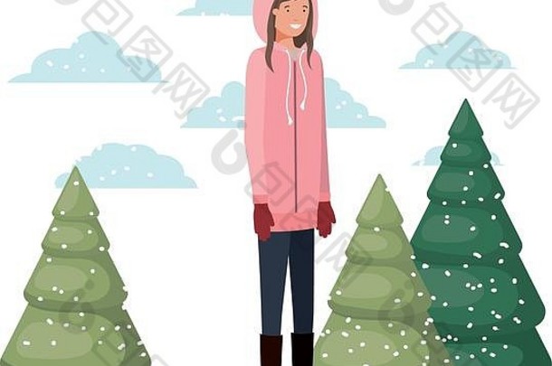 穿着冬衣和冬松的年轻女子化身