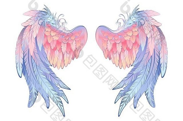 在艺术上画天使<strong>翅膀</strong>精致的粉红色的蓝色的白色背景天使<strong>翅膀</strong>