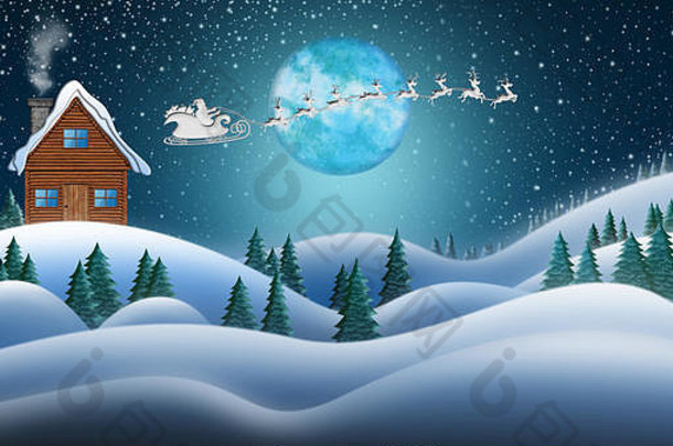 圣诞老人条款驯鹿乘雪橇圣诞节晚上雪字段圣诞老人房子北波兰