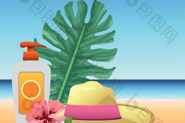 夏日海滩度假<strong>防晒喷雾</strong>帽和鲜花棕榈叶