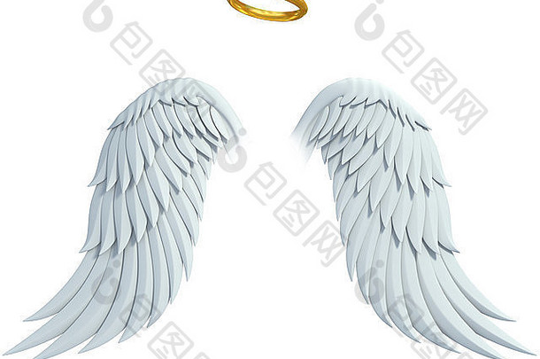 天使设计元素-白色背景上隔离的翅膀和<strong>金色光</strong>环
