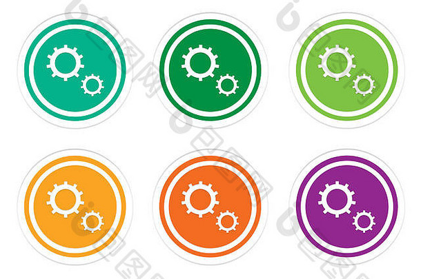 集圆形的按钮齿轮象征绿色黄色的橙色紫色的颜色