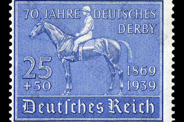 德国历史邮票：德国德比<strong>70周年</strong>纪念，1869-1939年。在黑色背景下孤立，德国，第三帝国，二战