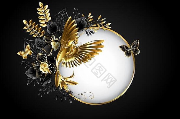 带珠宝的圆形横幅，灰色背景上的金色蜂鸟，装饰有珠宝兰花，带有金色和黑色装饰枝。
