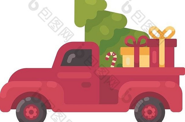 带圣诞树和礼物的旧红色卡车