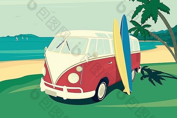 Van surf复古插图