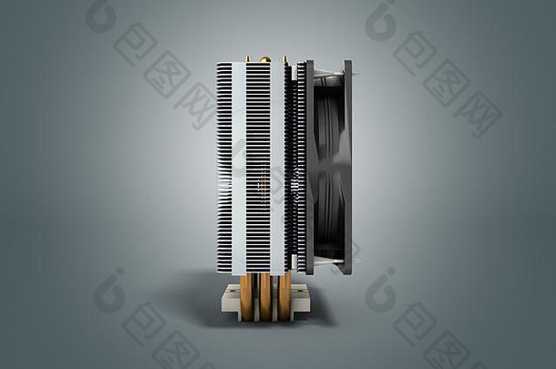 带有铝翅片散热器和风扇的有源CPU冷却器3d渲染为灰色