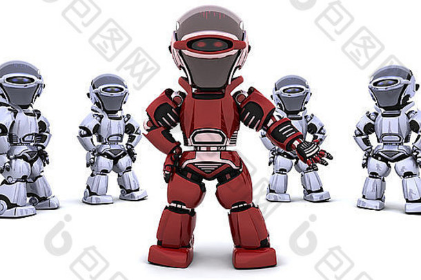 带领团队的红色机器人的3D渲染